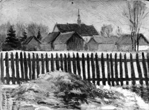 Widok na gotycki kościół miński  p.w. Narodzenia NMP (przełom XVIII i XIX w.) z terenu parku hrabiego Jezierskiego. Obraz olejny.